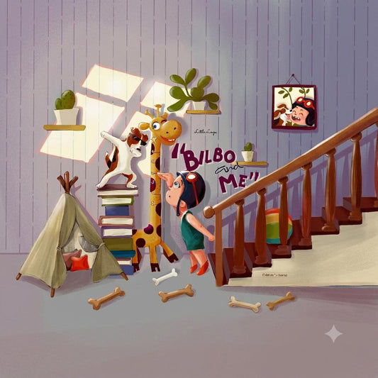 A whimsical illustrated children's room scene with a girl in a green dress standing near a wooden staircase, a small tent, books, a giraffe toy, bones, and the text 'Bulbo and Me' on the wall. This is not a real product photo, and the depicted room scene itself appears to be the content being shown, so the best fit is Scenery rather than Lifestyle or Product/Packaging.