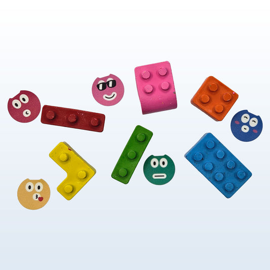 Colorful toy building blocks with various shapes and facial expressions on a light blue background