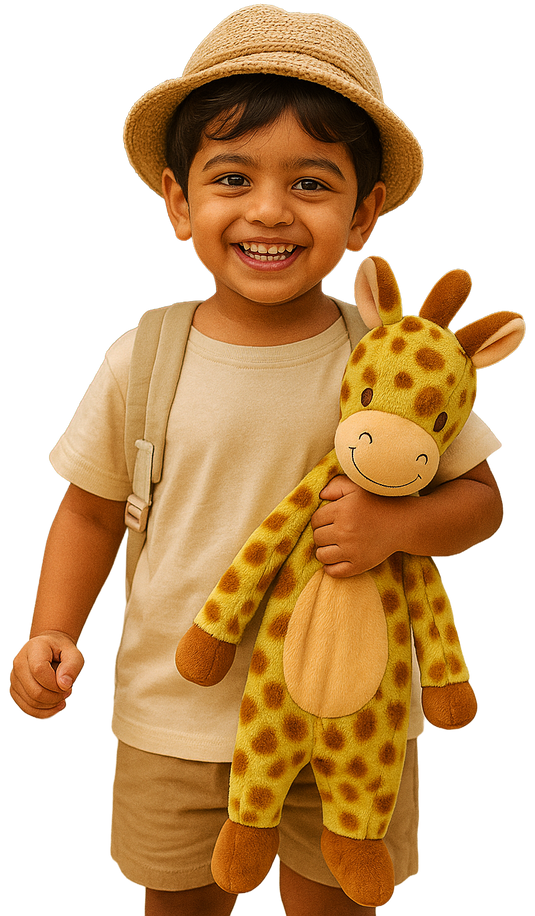 Smiling Indian toddler boy dressed as a little explorer holding a flat plush giraffe toy from SnuggyBuggy
