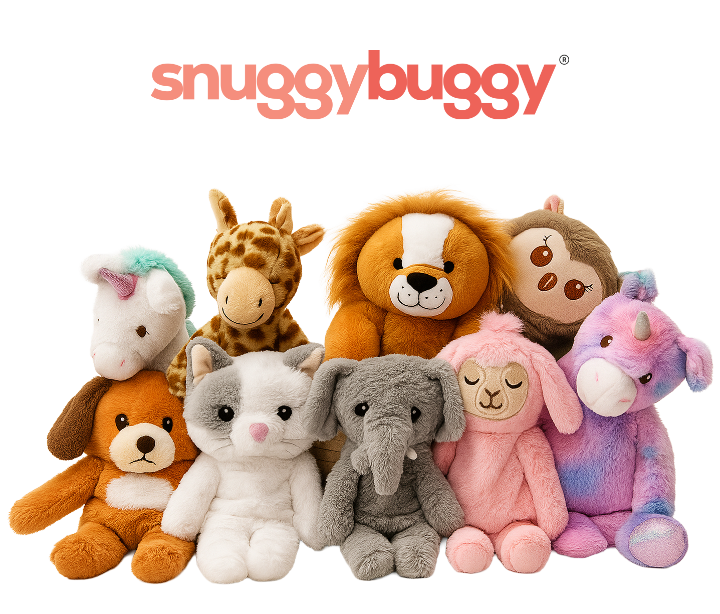 Full lineup of SnuggyBuggy flat plush toys including unicorns, lion, owl, bunny, dog, elephant, cat, and giraffe, displayed under the SnuggyBuggy logo