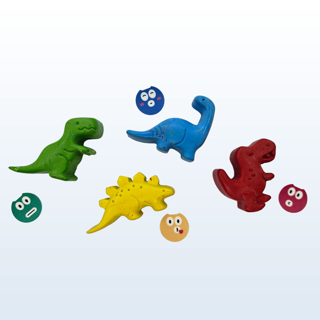Colorful dinosaur-shaped toys with googly eyes on a white background