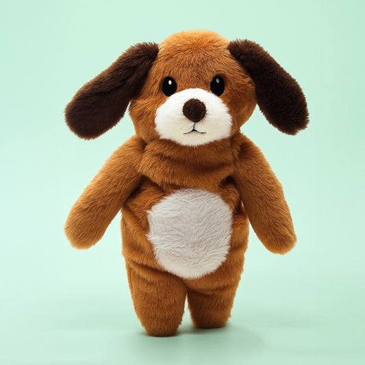 Brown plush dog toy with a white belly on a light green background