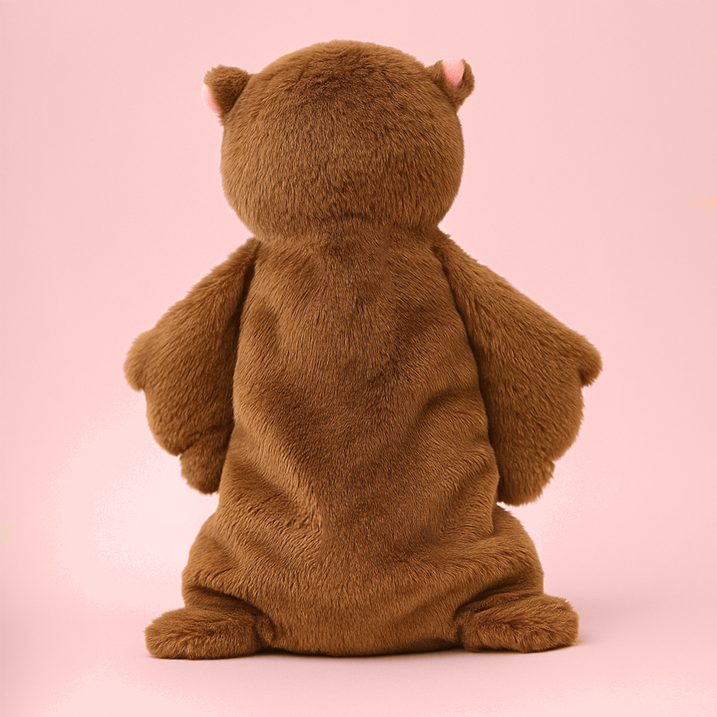 Back view of SnuggyBuggy’s flat plush owl toy showing soft brown microfiber body and wings