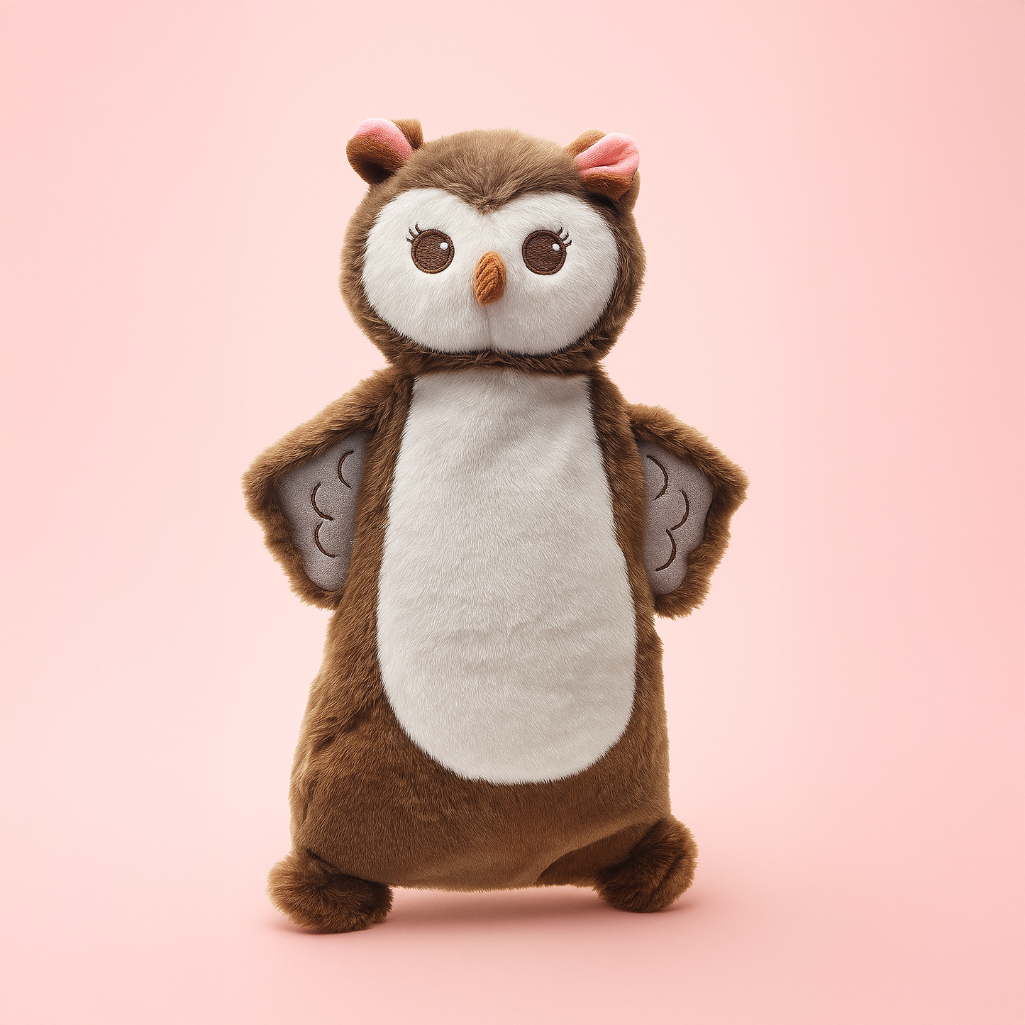 SnuggyBuggy Oli the Owl flat plush toy in brown with white belly and stitched wings on a pink background