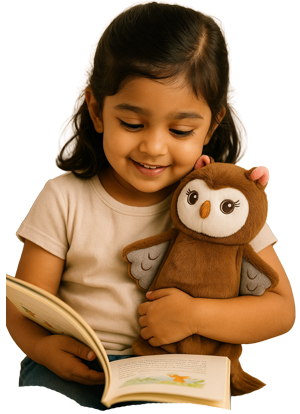 Indian toddler girl reading a book while holding SnuggyBuggy’s flat plush owl toy named Oli