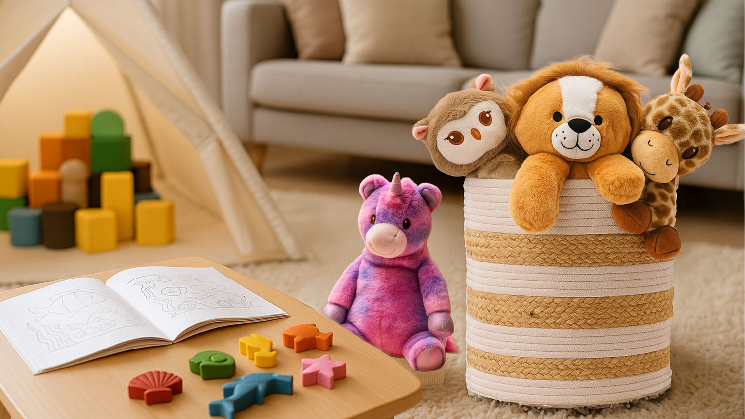 SnuggyBuggy plush toys in a woven storage basket placed in a cozy playroom with a unicorn toy, coloring book, and crayons on the floor