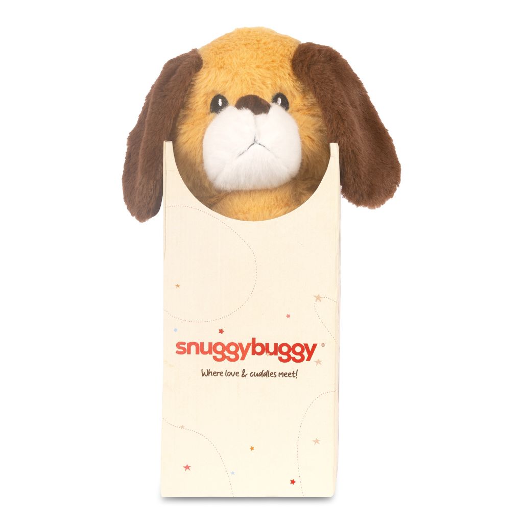 Plush dog toy with 'snuggybuggy' packaging on a white background