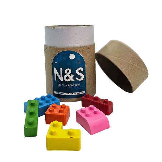 Cylindrical container with colorful building block toys on a white background
