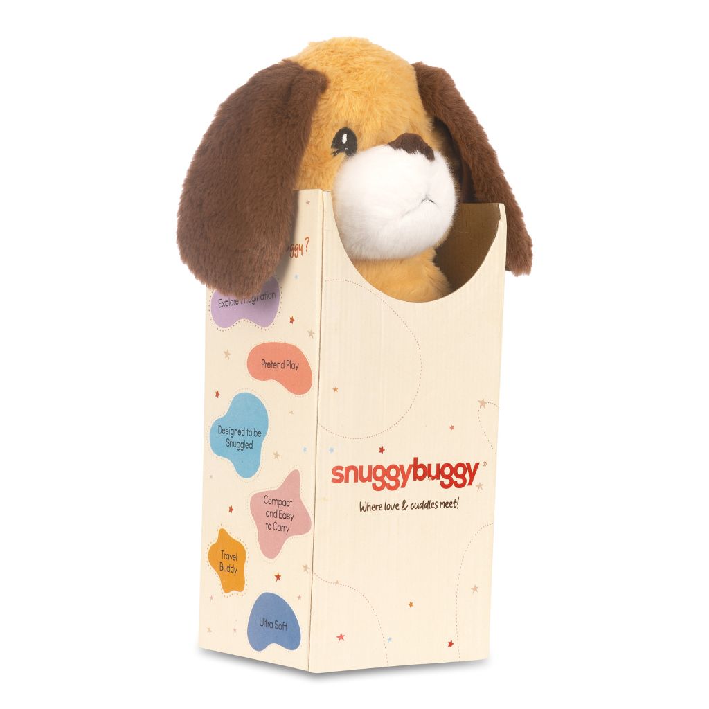 Plush dog toy with a 'snuggybuggy' box on a white background