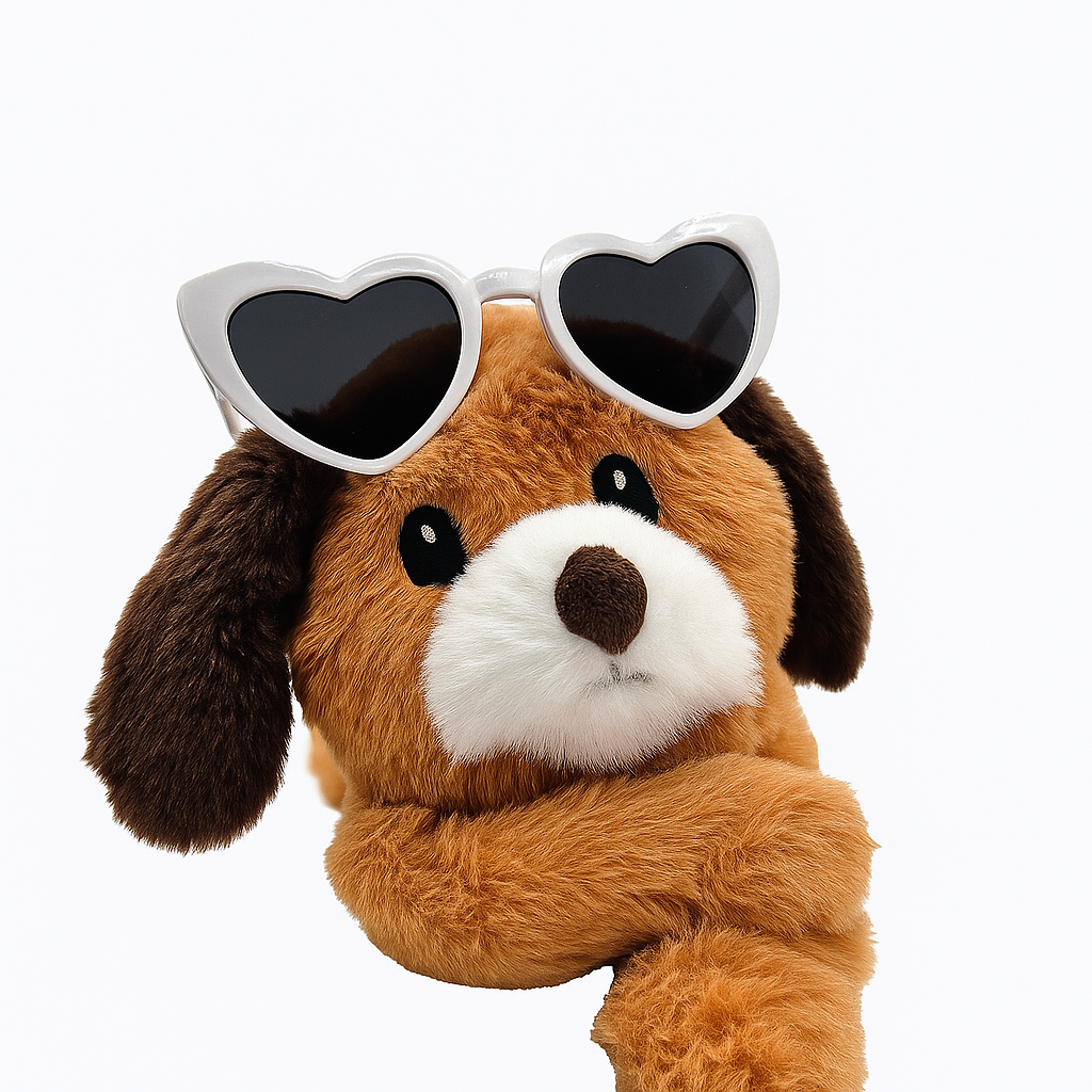 Plush dog toy with heart-shaped sunglasses on a white background