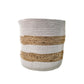 Round dual-color storage basket made of braided cotton rope and natural jute, featuring beige and white horizontal bands, used for home organization and décor.