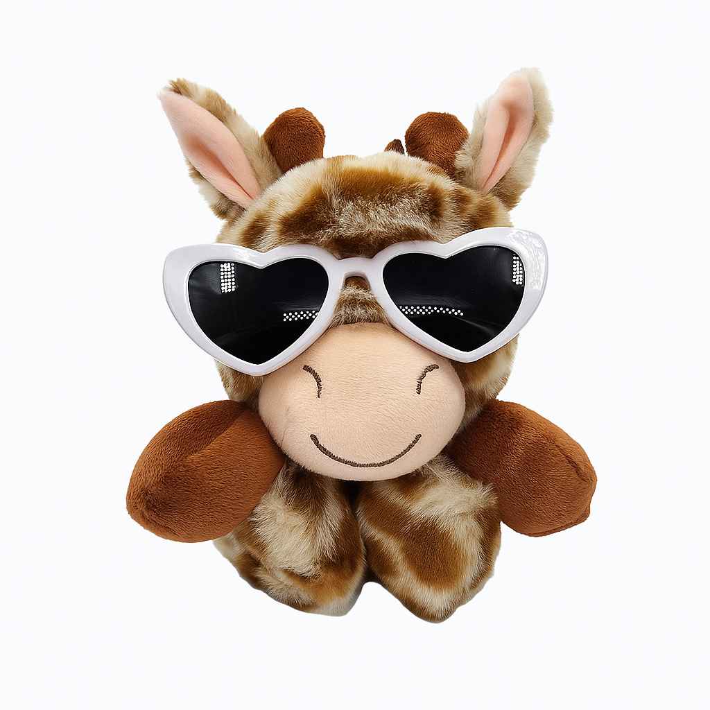 Plush giraffe toy wearing heart-shaped sunglasses on a white background