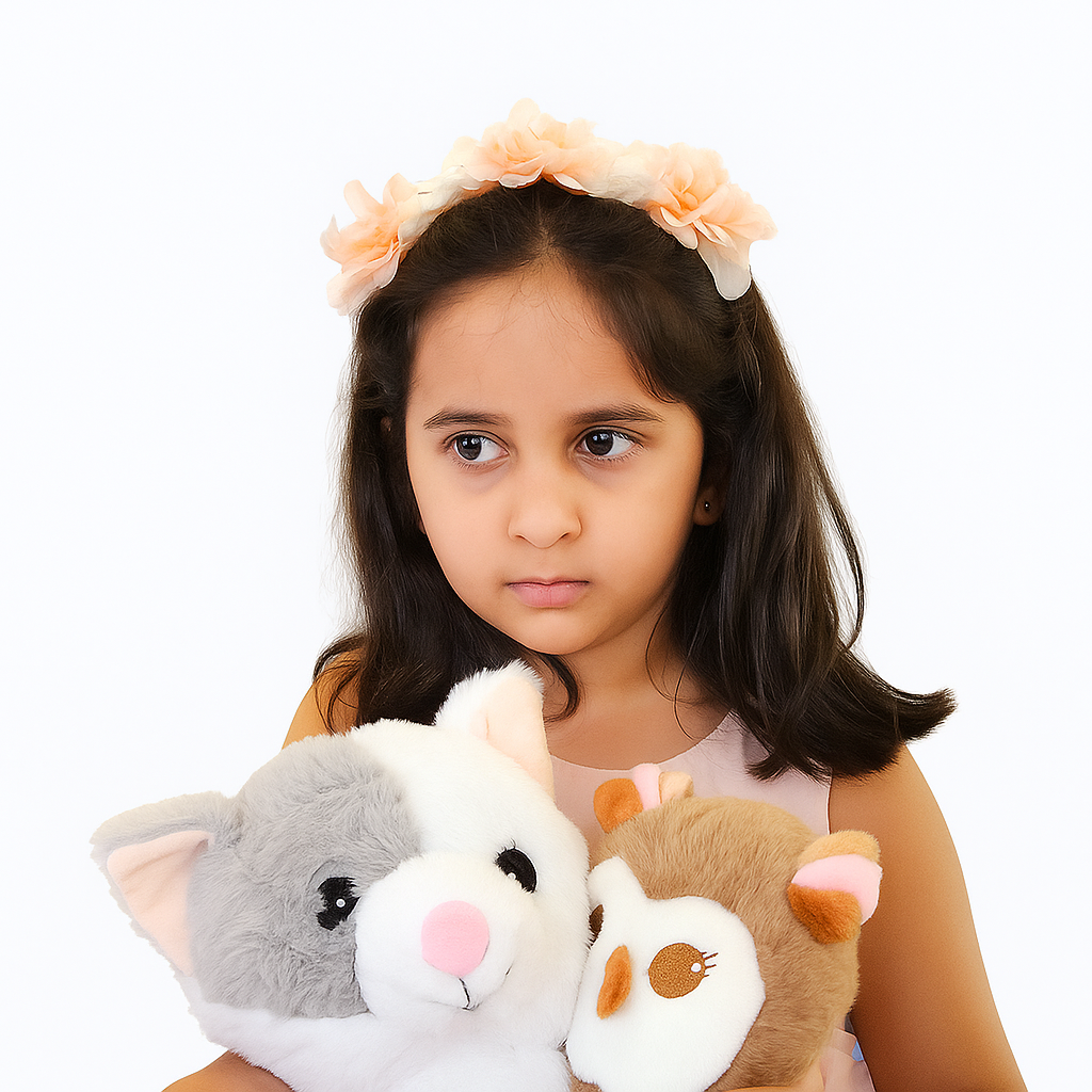 Young girl holding three plush toys against a white background