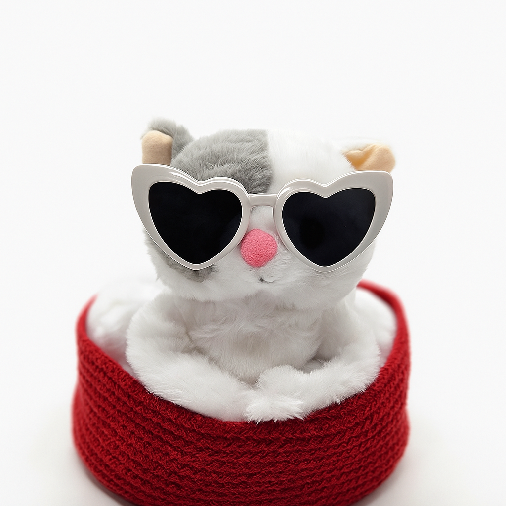 Plush toy resembling a cat wearing heart-shaped sunglasses and a red basket on a white background