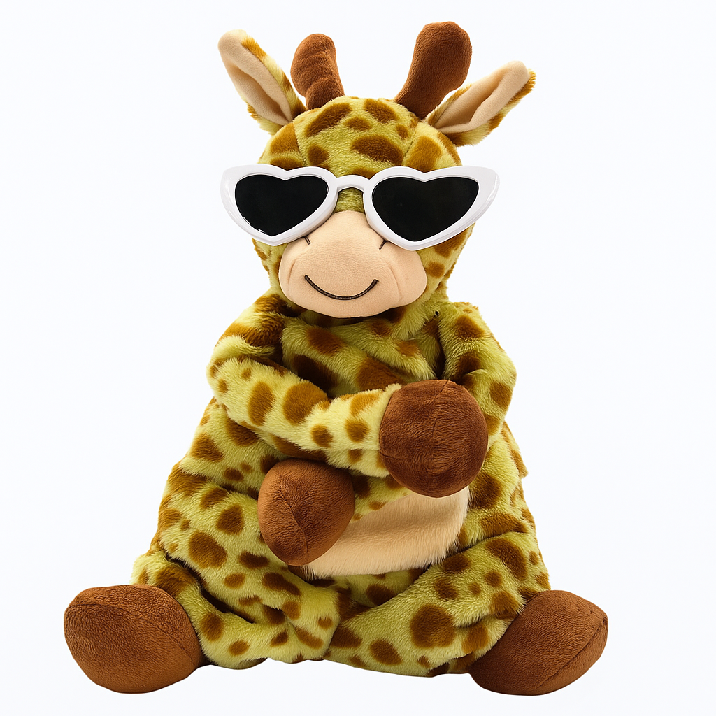 Plush giraffe toy wearing heart-shaped sunglasses on a white background