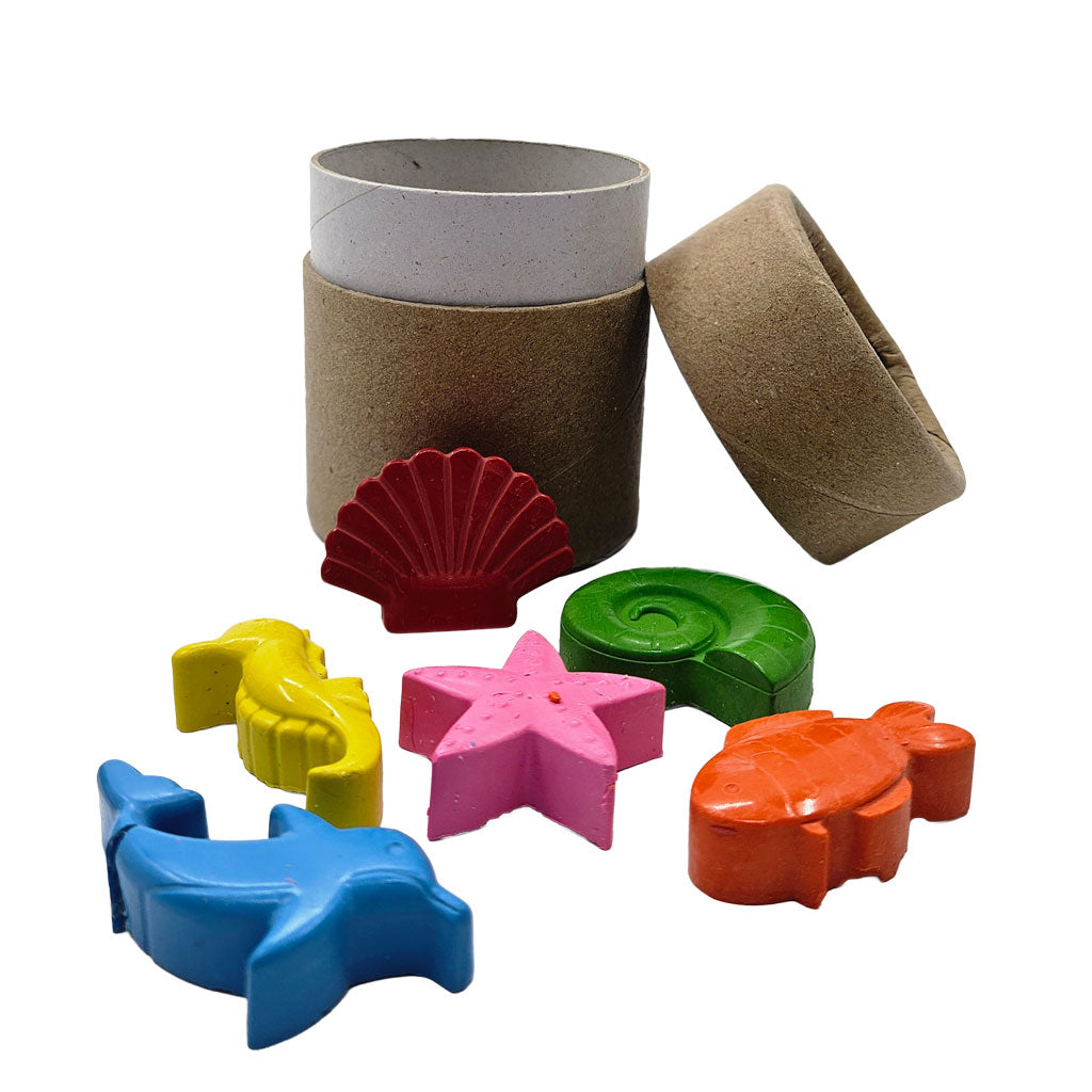 Colourful sea creature crayons for kids with eco-friendly tube packaging – dolphin, starfish, shell, fish, seahorse shapes.
