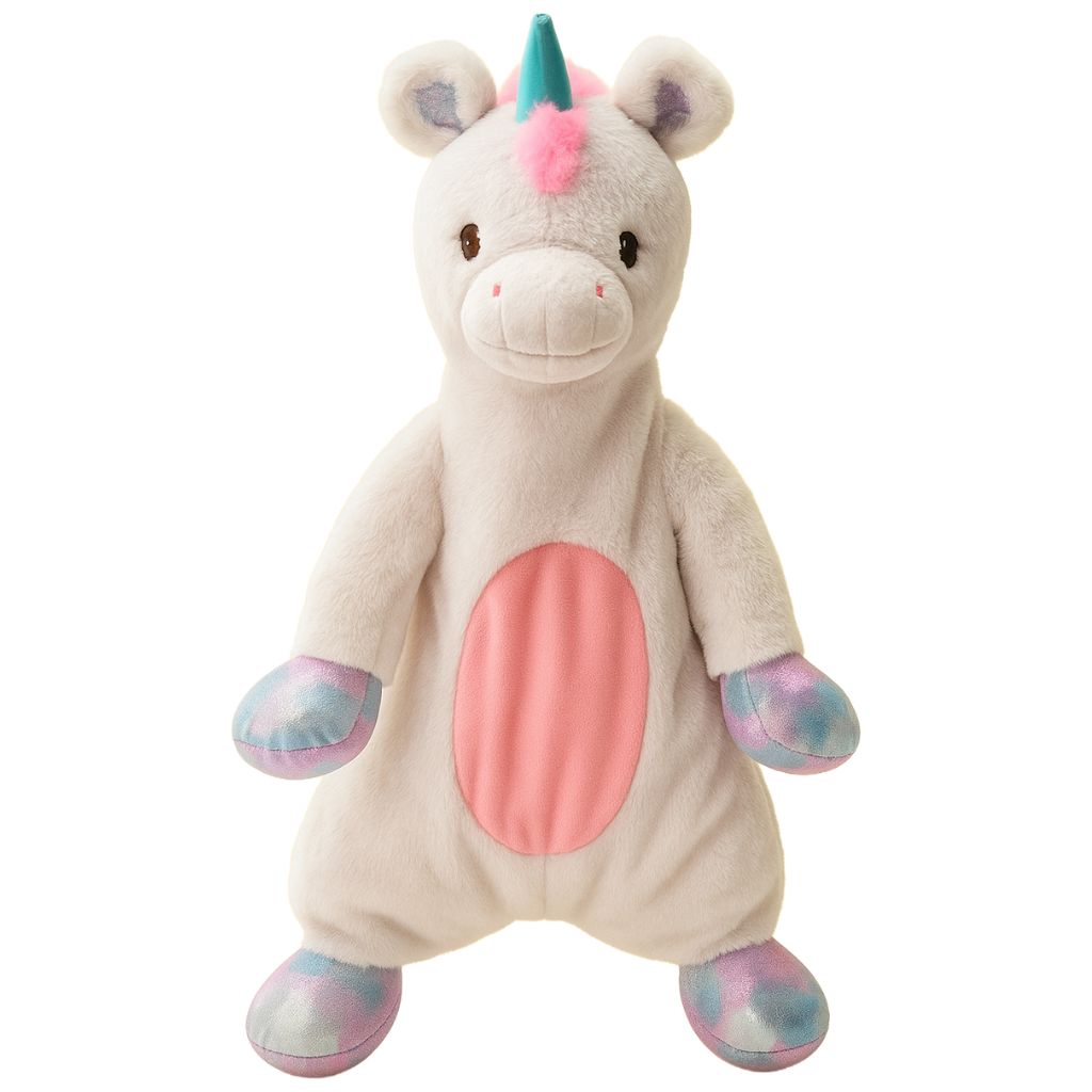 Plush toy unicorn with a pink body and multicolored hooves on a white background