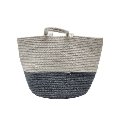 Woven basket with two-tone design on a white background