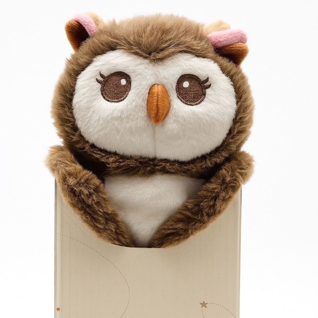 Plush owl toy with a white face and brown body peeking out from a beige box on a white background