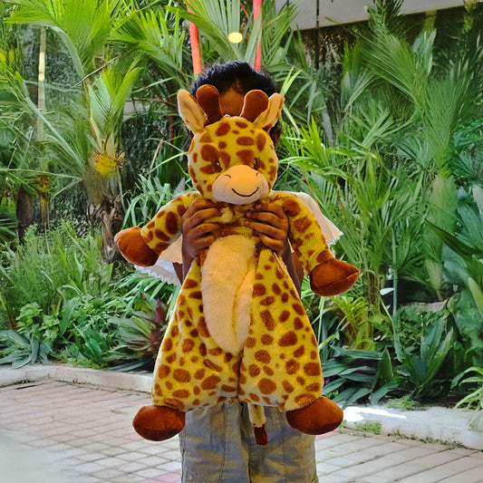 SnuggyBuggy's Big Raffi, a large and extra-soft plush giraffe toy with spotted fur, designed for giant hugs and cozy comfort.