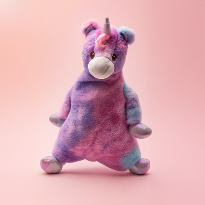 Plush toy unicorn with a pastel color scheme on a pink background