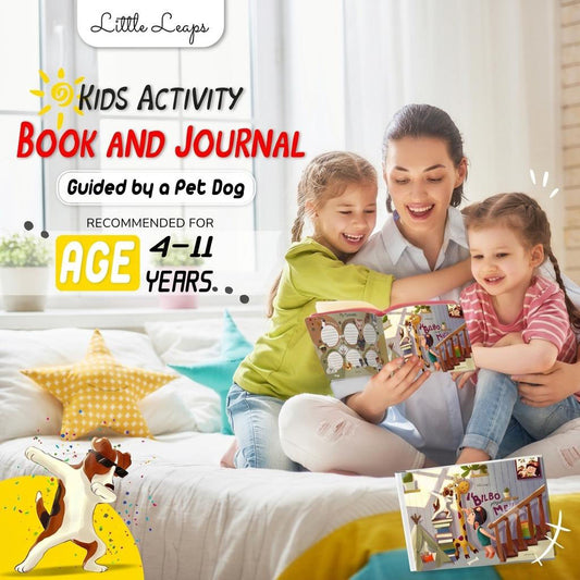 A promotional graphic for a children's activity book and journal titled 'Little Leaps Kids Activity Book and Journal' with the subtitle 'Guided by a Pet Dog' and 'Recommended for Age 4-11 Years.' The scene shows a woman and two young girls sitting on a bed reading a book together.
